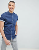 Stretch Slim Denim Shirt With Grandad Collar